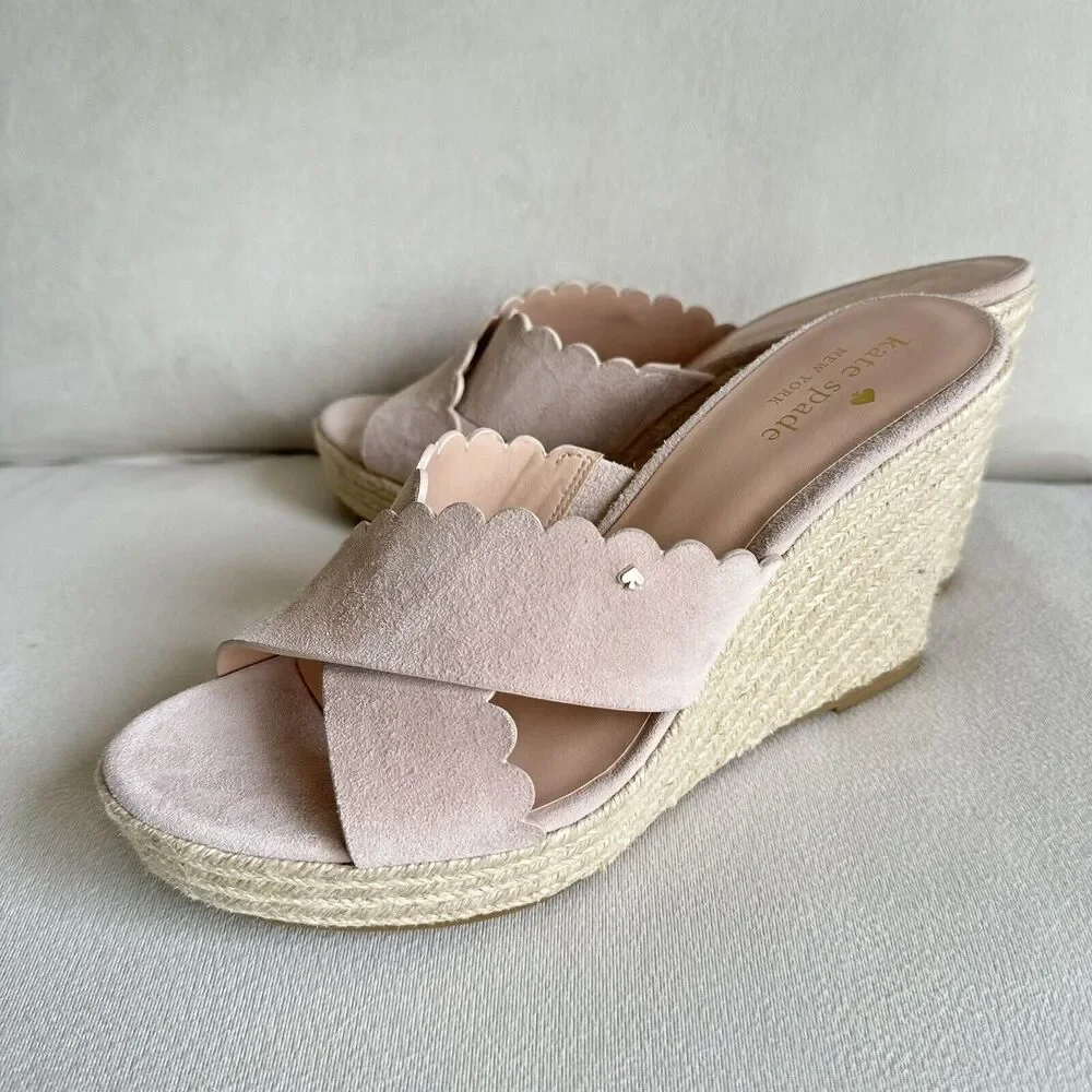 Kate spade Tegan Scallop Wedge Pink Suede Slip On Mule Size 9 NWOB